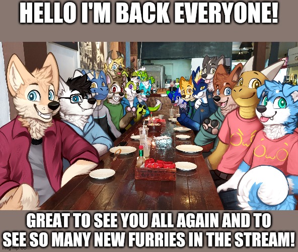 Thank you for keeping the stream alive!!!! | HELLO I'M BACK EVERYONE! GREAT TO SEE YOU ALL AGAIN AND TO SEE SO MANY NEW FURRIES IN THE STREAM! | image tagged in furries,furry,memes,im back | made w/ Imgflip meme maker