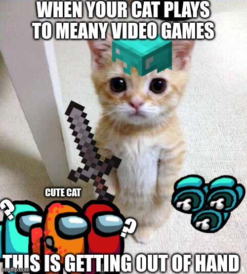 cute cat he likes his games | WHEN YOUR CAT PLAYS TO MEANY VIDEO GAMES; CUTE CAT; ? ? THIS IS GETTING OUT OF HAND | image tagged in memes,cute cat | made w/ Imgflip meme maker