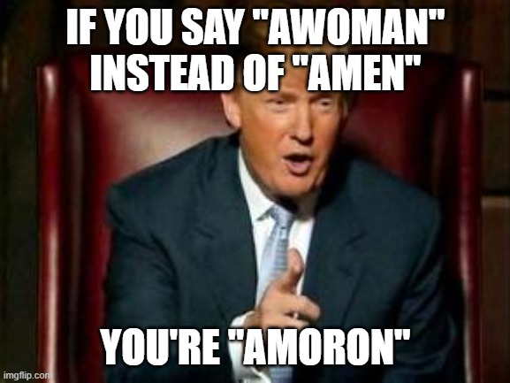 I used to laugh at how stupid Democrat politicians were.  Now their stupidity is creating stupid rules. | IF YOU SAY "AWOMAN" INSTEAD OF "AMEN"; YOU'RE "AMORON" | image tagged in donald trump,funny,funny memes | made w/ Imgflip meme maker