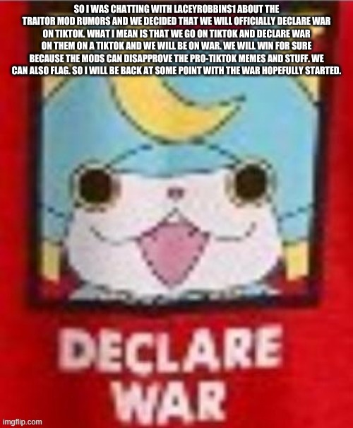 SAY "ME" IF YOU ARE COMING | SO I WAS CHATTING WITH LACEYROBBINS1 ABOUT THE TRAITOR MOD RUMORS AND WE DECIDED THAT WE WILL OFFICIALLY DECLARE WAR ON TIKTOK. WHAT I MEAN IS THAT WE GO ON TIKTOK AND DECLARE WAR ON THEM ON A TIKTOK AND WE WILL BE ON WAR. WE WILL WIN FOR SURE BECAUSE THE MODS CAN DISAPPROVE THE PRO-TIKTOK MEMES AND STUFF. WE CAN ALSO FLAG. SO I WILL BE BACK AT SOME POINT WITH THE WAR HOPEFULLY STARTED. | image tagged in declare war | made w/ Imgflip meme maker