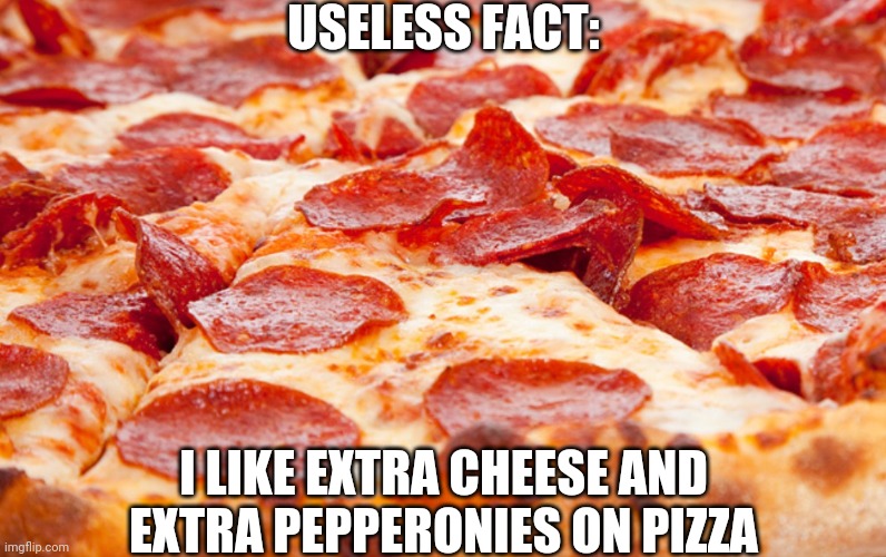 Pizza | USELESS FACT:; I LIKE EXTRA CHEESE AND EXTRA PEPPERONIES ON PIZZA | image tagged in pizza | made w/ Imgflip meme maker