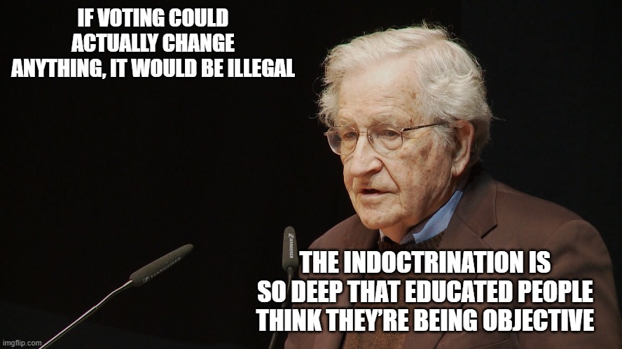 Noam Chomsky - A Lefty That Definitely Gets It | IF VOTING COULD ACTUALLY CHANGE ANYTHING, IT WOULD BE ILLEGAL; THE INDOCTRINATION IS SO DEEP THAT EDUCATED PEOPLE THINK THEY’RE BEING OBJECTIVE | image tagged in noam,chomsky,great quotes | made w/ Imgflip meme maker