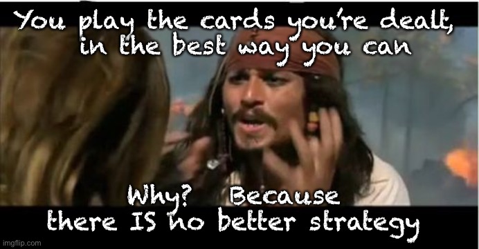 Why Is The Rum Gone | You play the cards you’re dealt, 
 in the best way you can; Why?   Because 
there IS no better strategy | image tagged in memes,why is the rum gone | made w/ Imgflip meme maker