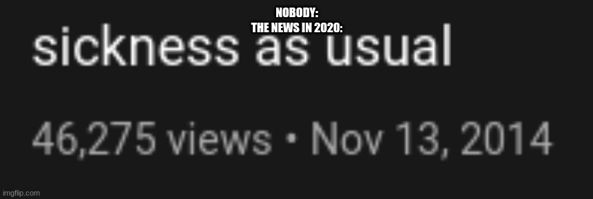 it crashed when i tried to add spacing | NOBODY:
THE NEWS IN 2020: | made w/ Imgflip meme maker