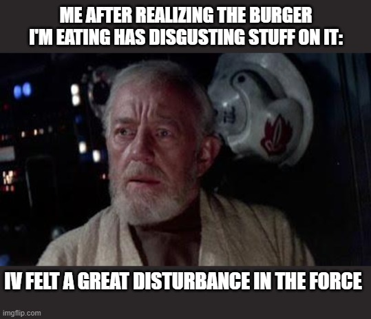 Disturbance in the force | ME AFTER REALIZING THE BURGER I'M EATING HAS DISGUSTING STUFF ON IT:; IV FELT A GREAT DISTURBANCE IN THE FORCE | image tagged in disturbance in the force,starwars,a new hope,obi wan kenobi,mcdonalds | made w/ Imgflip meme maker