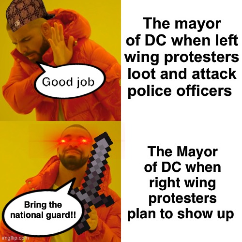 Lol | The mayor of DC when left wing protesters loot and attack police officers; Good job; The Mayor of DC when right wing protesters plan to show up; Bring the national guard!! | image tagged in memes,drake hotline bling,politics lol,protesters,liberal logic,derp | made w/ Imgflip meme maker