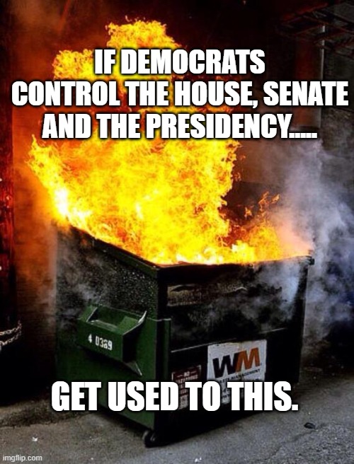 Dumpster Fire | IF DEMOCRATS CONTROL THE HOUSE, SENATE AND THE PRESIDENCY..... GET USED TO THIS. | image tagged in dumpster fire | made w/ Imgflip meme maker