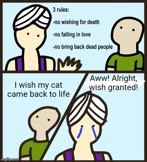 Genie Rules Meme | Aww! Alright, wish granted! I wish my cat came back to life | image tagged in genie rules meme | made w/ Imgflip meme maker