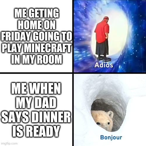 Adios Bonjour | ME GETING HOME ON FRIDAY GOING TO PLAY MINECRAFT IN MY ROOM; ME WHEN MY DAD SAYS DINNER IS READY | image tagged in adios bonjour | made w/ Imgflip meme maker