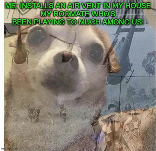 PTSD Chihuahua | ME: INSTALLS AN AIR VENT IN MY HOUSE
MY ROOMATE WHO'S BEEN PLAYING TO MUCH AMONG US: | image tagged in ptsd chihuahua,among us,impostor of the vent | made w/ Imgflip meme maker