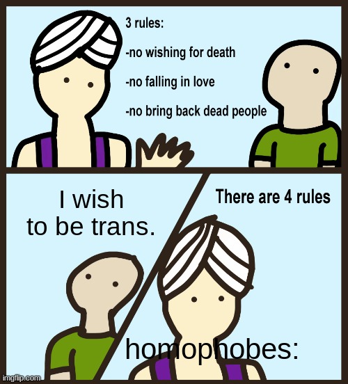 Homoes Mad | I wish to be trans. homophobes: | image tagged in genie rules meme | made w/ Imgflip meme maker