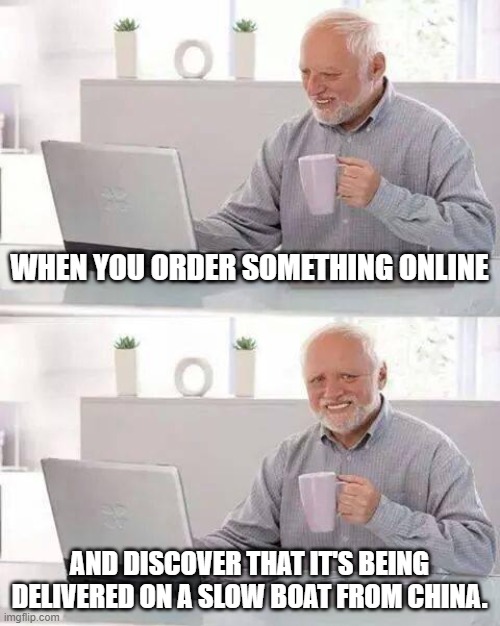 Hide the Pain Harold Meme | WHEN YOU ORDER SOMETHING ONLINE; AND DISCOVER THAT IT'S BEING DELIVERED ON A SLOW BOAT FROM CHINA. | image tagged in memes,hide the pain harold | made w/ Imgflip meme maker