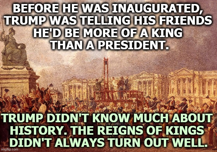 Next! | BEFORE HE WAS INAUGURATED, 
TRUMP WAS TELLING HIS FRIENDS 
HE'D BE MORE OF A KING 
THAN A PRESIDENT. TRUMP DIDN'T KNOW MUCH ABOUT 
HISTORY. THE REIGNS OF KINGS 
DIDN'T ALWAYS TURN OUT WELL. | image tagged in trump,king,president,delusional | made w/ Imgflip meme maker