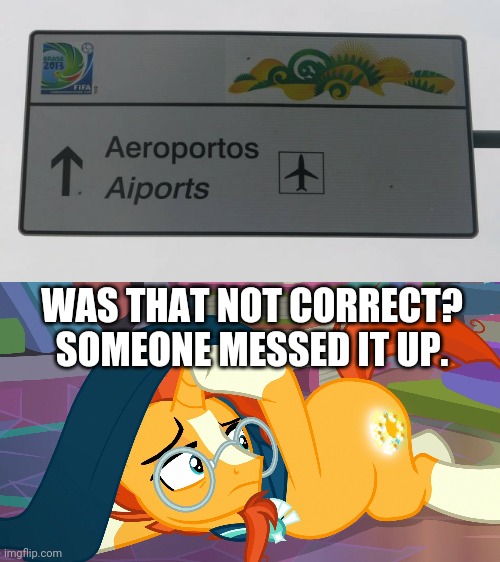 Aiport?! It missed an R | WAS THAT NOT CORRECT? SOMEONE MESSED IT UP. | image tagged in sunburst mlp,you had one job,task failed successfully,memes,funny,my little pony | made w/ Imgflip meme maker