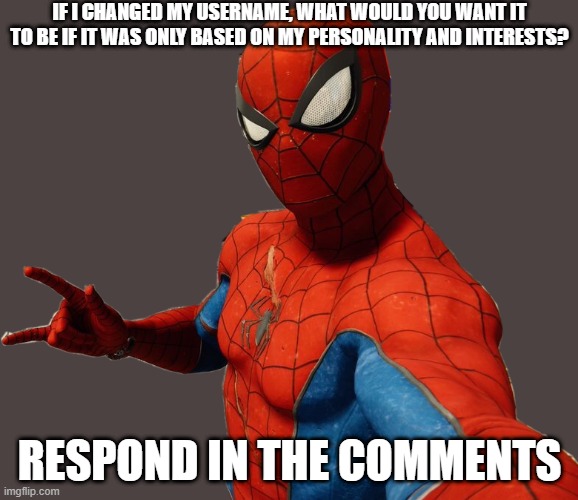 Do not use this opportunity to make fun of me or be rude. | IF I CHANGED MY USERNAME, WHAT WOULD YOU WANT IT TO BE IF IT WAS ONLY BASED ON MY PERSONALITY AND INTERESTS? RESPOND IN THE COMMENTS | image tagged in spider-selfie,spider-man,imgflip,marvel,marvel comics,imgflip users | made w/ Imgflip meme maker