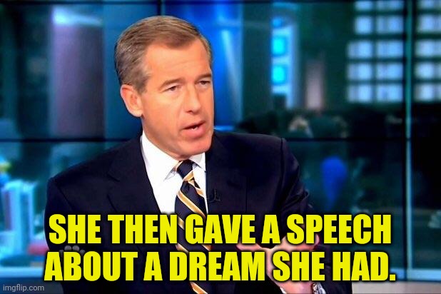 Brian Williams Was There 2 Meme | SHE THEN GAVE A SPEECH ABOUT A DREAM SHE HAD. | image tagged in memes,brian williams was there 2 | made w/ Imgflip meme maker