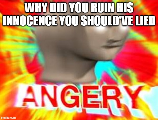 Surreal Angery | WHY DID YOU RUIN HIS INNOCENCE YOU SHOULD'VE LIED | image tagged in surreal angery | made w/ Imgflip meme maker