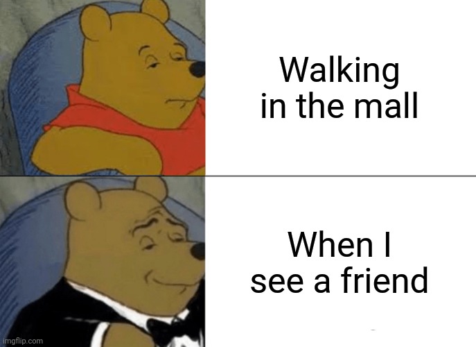 Tuxedo Winnie The Pooh | Walking in the mall; When I see a friend | image tagged in memes,tuxedo winnie the pooh | made w/ Imgflip meme maker