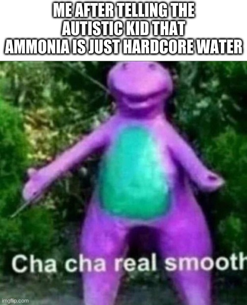 Hardcore water | ME AFTER TELLING THE AUTISTIC KID THAT AMMONIA IS JUST HARDCORE WATER | image tagged in cha cha real smooth,funny,funny memes,memes,dark humor,hahaha | made w/ Imgflip meme maker