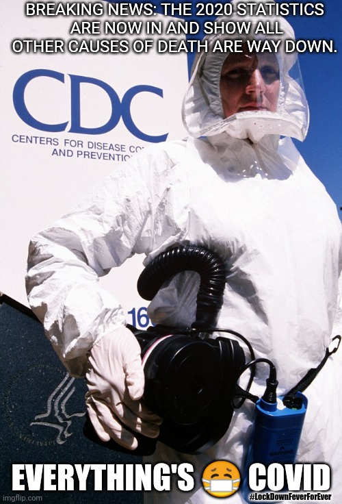 2020 Stats Show: EVERYTHING'S COVID | BREAKING NEWS: THE 2020 STATISTICS
 ARE NOW IN AND SHOW ALL OTHER CAUSES OF DEATH ARE WAY DOWN. EVERYTHING'S 😷 COVID; #LockDownFeverForEver | image tagged in cdc hazmat,covid 19,face mask,flu,lockdown,the great awakening | made w/ Imgflip meme maker