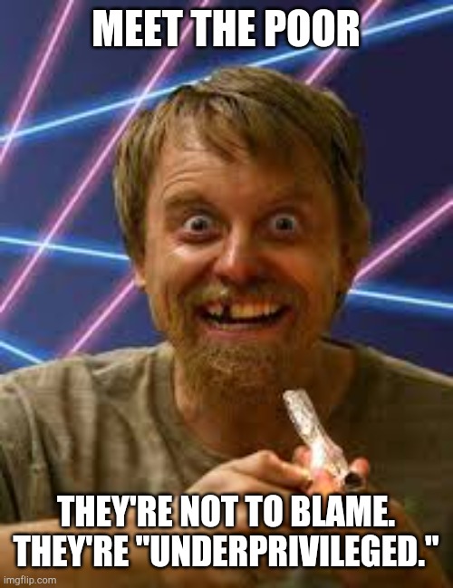 poor | MEET THE POOR; THEY'RE NOT TO BLAME. THEY'RE "UNDERPRIVILEGED." | image tagged in homeless | made w/ Imgflip meme maker