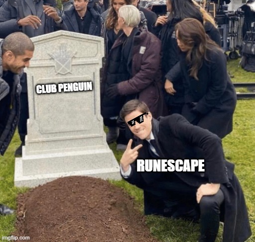 20 years boys | CLUB PENGUIN; RUNESCAPE | image tagged in grant gustin over grave | made w/ Imgflip meme maker