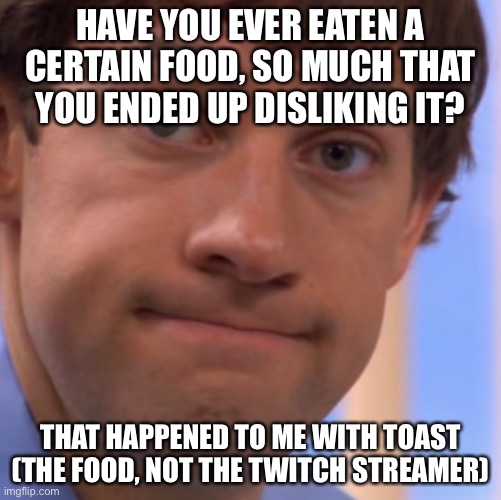 Welp Jim face | HAVE YOU EVER EATEN A CERTAIN FOOD, SO MUCH THAT YOU ENDED UP DISLIKING IT? THAT HAPPENED TO ME WITH TOAST (THE FOOD, NOT THE TWITCH STREAMER) | image tagged in welp jim face | made w/ Imgflip meme maker