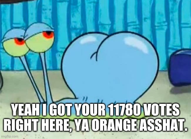 Gary’s buttcheeks | YEAH I GOT YOUR 11780 VOTES RIGHT HERE, YA ORANGE ASSHAT. | image tagged in gary s buttcheeks | made w/ Imgflip meme maker