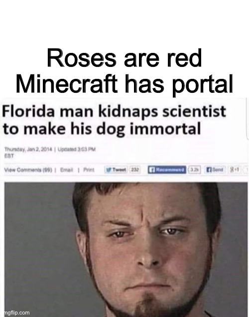 'scuse my bad grammar - just noticed it | Roses are red
Minecraft has portal | image tagged in blank white template,funny,memes,funny memes,florida man,immortal | made w/ Imgflip meme maker