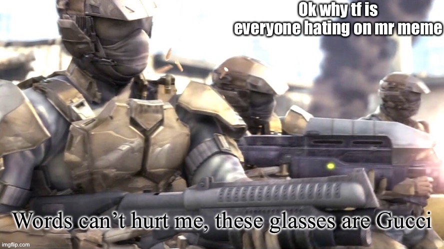 Words can hurt me halo | Ok why tf is everyone hating on mr meme | image tagged in words can hurt me halo | made w/ Imgflip meme maker