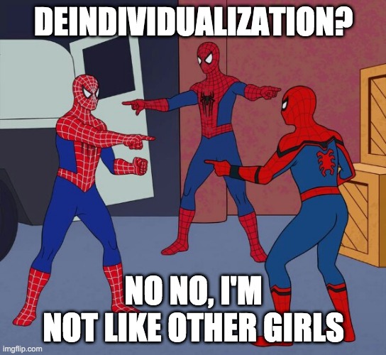 Spider Man Triple | DEINDIVIDUALIZATION? NO NO, I'M NOT LIKE OTHER GIRLS | image tagged in spider man triple | made w/ Imgflip meme maker