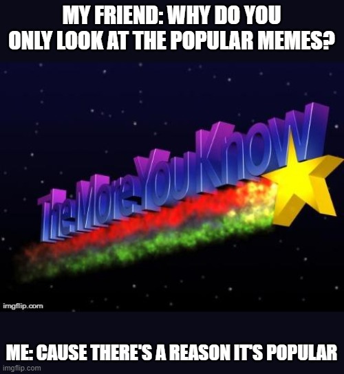 the more you know | MY FRIEND: WHY DO YOU ONLY LOOK AT THE POPULAR MEMES? ME: CAUSE THERE'S A REASON IT'S POPULAR | image tagged in the more you know | made w/ Imgflip meme maker
