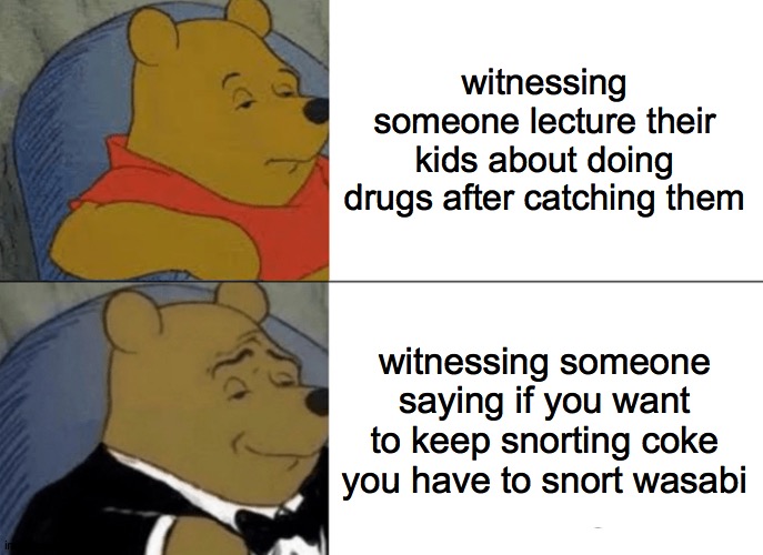 Tuxedo Winnie The Pooh | witnessing someone lecture their kids about doing drugs after catching them; witnessing someone saying if you want to keep snorting coke you have to snort wasabi | image tagged in memes,tuxedo winnie the pooh | made w/ Imgflip meme maker