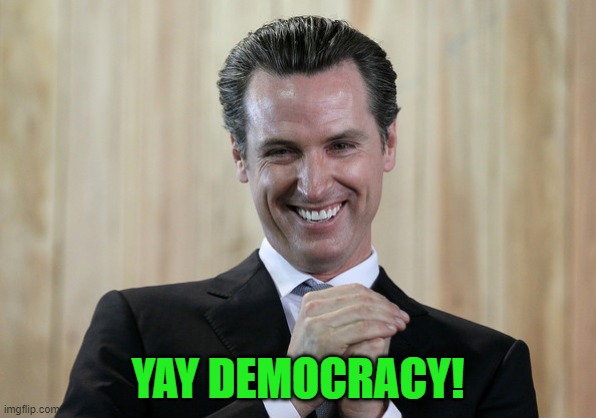 Scheming Gavin Newsom  | YAY DEMOCRACY! | image tagged in scheming gavin newsom | made w/ Imgflip meme maker