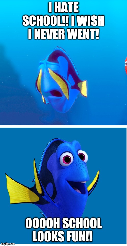 oh dory you will never learn |  I HATE SCHOOL!! I WISH I NEVER WENT! OOOOH SCHOOL LOOKS FUN!! | image tagged in dory | made w/ Imgflip meme maker