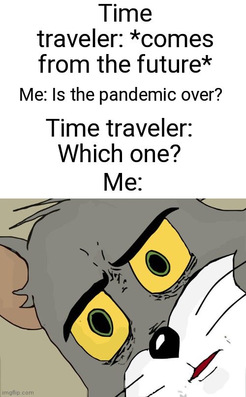 Certified bruh moment |  Time traveler: *comes from the future*; Me: Is the pandemic over? Time traveler: Which one? Me: | image tagged in memes,unsettled tom | made w/ Imgflip meme maker
