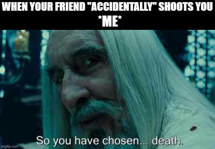 I'd say about 15 times is fair | WHEN YOUR FRIEND "ACCIDENTALLY" SHOOTS YOU; *ME* | image tagged in so you have chosen death | made w/ Imgflip meme maker