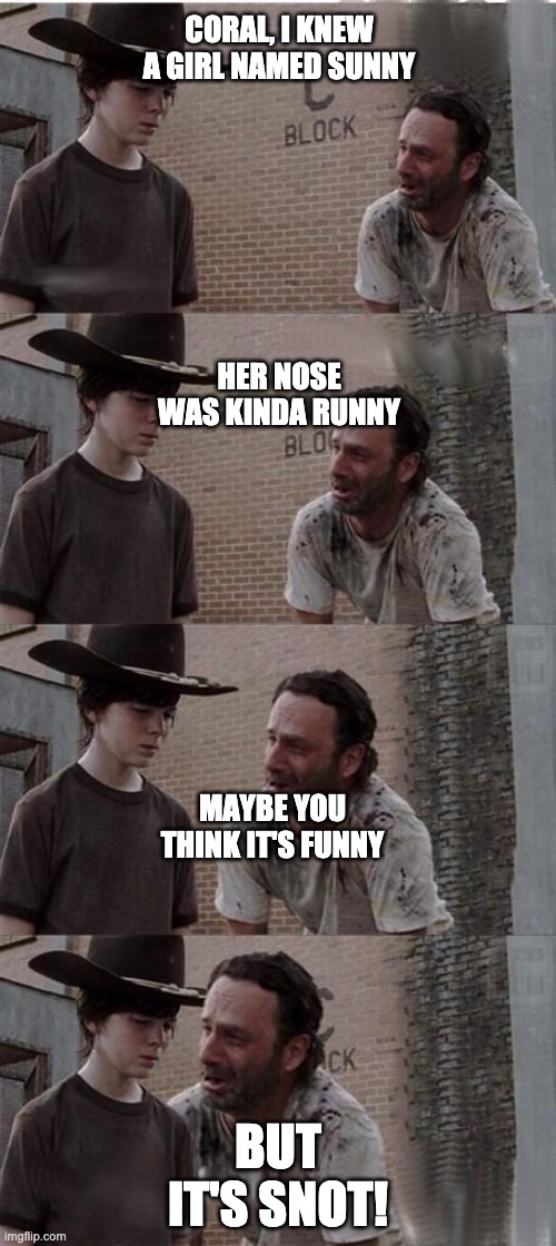Coral Joke | CORAL, I KNEW A GIRL NAMED SUNNY; HER NOSE WAS KINDA RUNNY; MAYBE YOU THINK IT'S FUNNY; BUT IT'S SNOT! | image tagged in carl rick twd | made w/ Imgflip meme maker