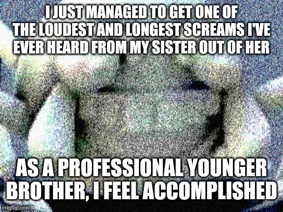 Deep fried lol spider | I JUST MANAGED TO GET ONE OF THE LOUDEST AND LONGEST SCREAMS I'VE EVER HEARD FROM MY SISTER OUT OF HER; AS A PROFESSIONAL YOUNGER BROTHER, I FEEL ACCOMPLISHED | image tagged in deep fried lol spider | made w/ Imgflip meme maker