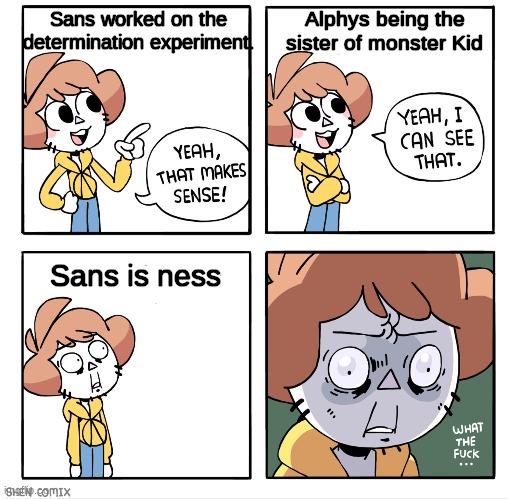 worst undertale theroy. | Alphys being the sister of monster Kid; Sans worked on the determination experiment. Sans is ness | image tagged in undertale | made w/ Imgflip meme maker