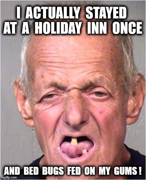 I  ACTUALLY  STAYED  AT  A  HOLIDAY  INN  ONCE AND  BED  BUGS  FED  ON  MY  GUMS ! | made w/ Imgflip meme maker