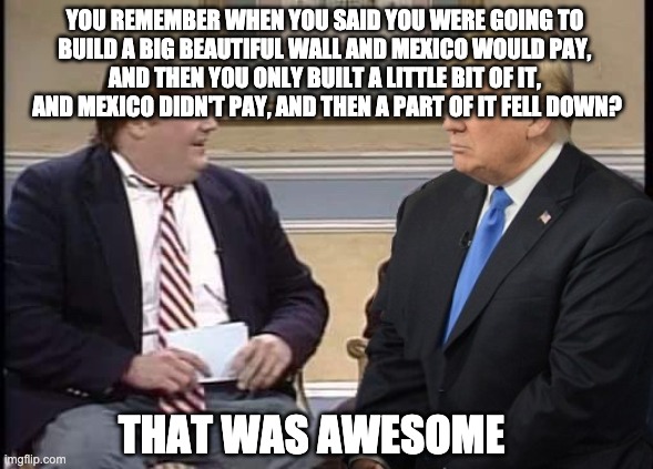 Chris Farley and Trump | YOU REMEMBER WHEN YOU SAID YOU WERE GOING TO 
BUILD A BIG BEAUTIFUL WALL AND MEXICO WOULD PAY, 
AND THEN YOU ONLY BUILT A LITTLE BIT OF IT, 
AND MEXICO DIDN'T PAY, AND THEN A PART OF IT FELL DOWN? THAT WAS AWESOME | image tagged in chris farley and trump,trump,chris farley | made w/ Imgflip meme maker