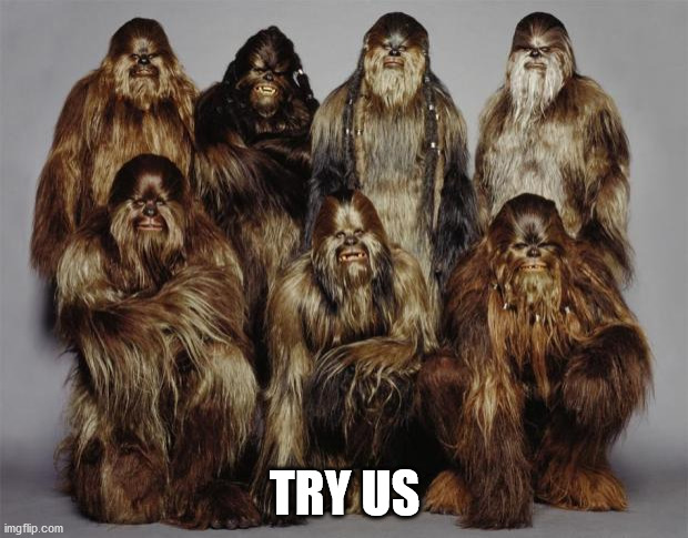 Wookies, Star Wars, Forest World Problems | TRY US | image tagged in wookies star wars forest world problems | made w/ Imgflip meme maker