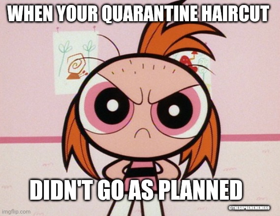 Quarantine Cuts | WHEN YOUR QUARANTINE HAIRCUT; DIDN'T GO AS PLANNED; @THESUPREMEMEME69 | image tagged in memes,quarantine,haircut,whoops,powerpuff girls | made w/ Imgflip meme maker