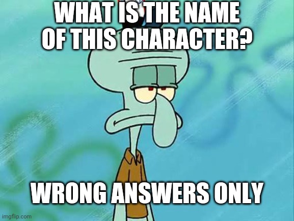 Squidward | WHAT IS THE NAME OF THIS CHARACTER? WRONG ANSWERS ONLY | image tagged in squidward | made w/ Imgflip meme maker
