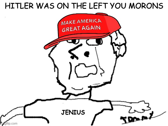 hitler was on the left you morons | HITLER WAS ON THE LEFT YOU MORONS; JENIUS | image tagged in hitler,trump supporters,left,jenius | made w/ Imgflip meme maker
