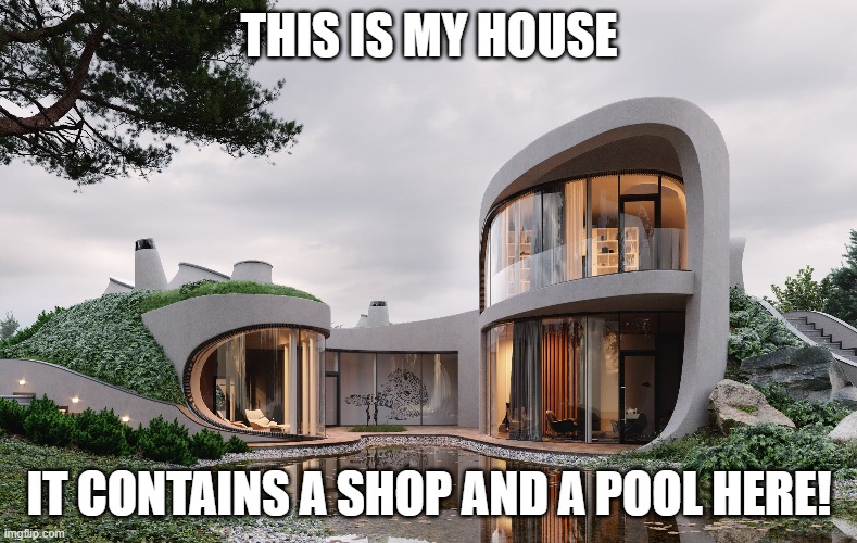 The shop house | THIS IS MY HOUSE; IT CONTAINS A SHOP AND A POOL HERE! | image tagged in house,shopping | made w/ Imgflip meme maker