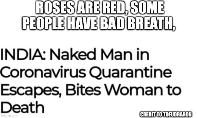 Ewww | ROSES ARE RED, SOME PEOPLE HAVE BAD BREATH, CREDIT TO TOFUDRAGON | image tagged in blank white template,memes,coronavirus,haha money printer go brrr | made w/ Imgflip meme maker