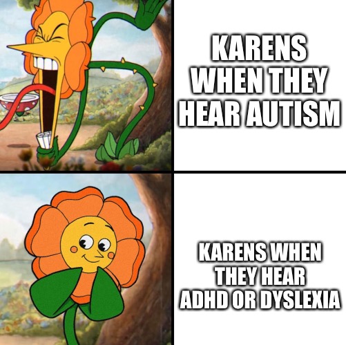 Not trying to offend anyone | KARENS WHEN THEY HEAR AUTISM; KARENS WHEN THEY HEAR ADHD OR DYSLEXIA | image tagged in angry flower,karen,adhd,dyslexia,autism | made w/ Imgflip meme maker
