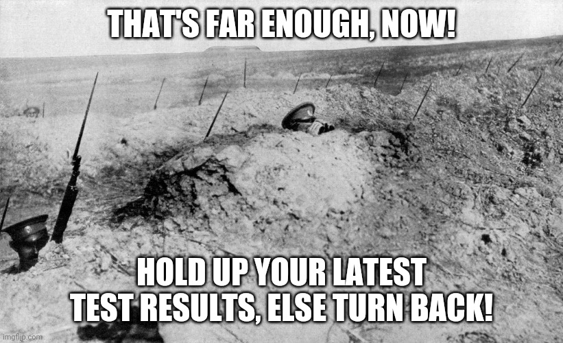 Covid quarantine trenches, stay back! | THAT'S FAR ENOUGH, NOW! HOLD UP YOUR LATEST TEST RESULTS, ELSE TURN BACK! | image tagged in covid quarantine trenches stay back | made w/ Imgflip meme maker